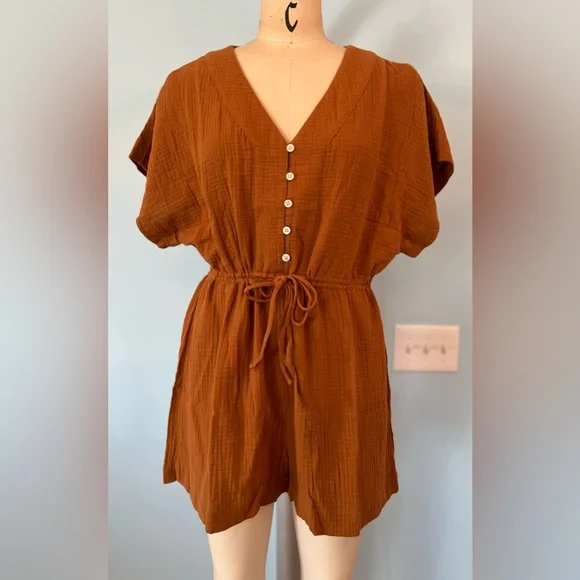 NWT Madewell Lightestspun Cover-Up Drawstring Romper - Size Medium - Orange